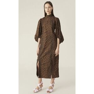 NEW GANNI Leopard Print Organic Cotton Puff Sleeve Midi Dress Toffee Size 34